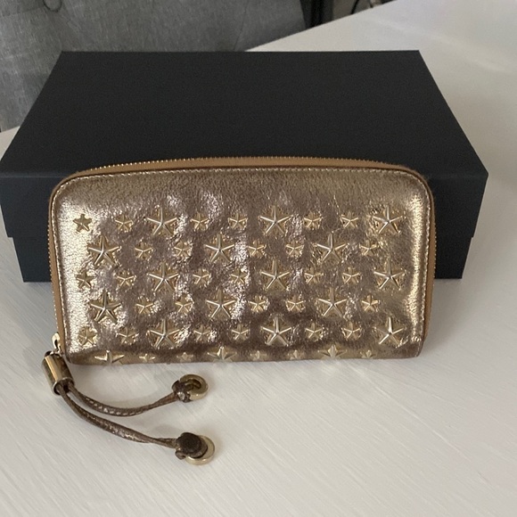 JIMMY CHOO FILIPA Gold Metallic Star Studded Spike Zip Wallet with Gift Box - Picture 3 of 17